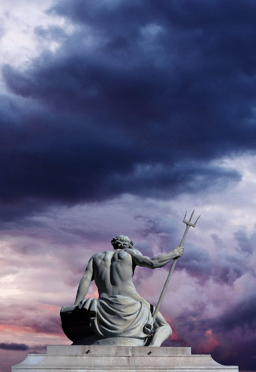 Poseidon Statue Holding Trident Against Dramatic Stormy Sky HD phone wallpaper