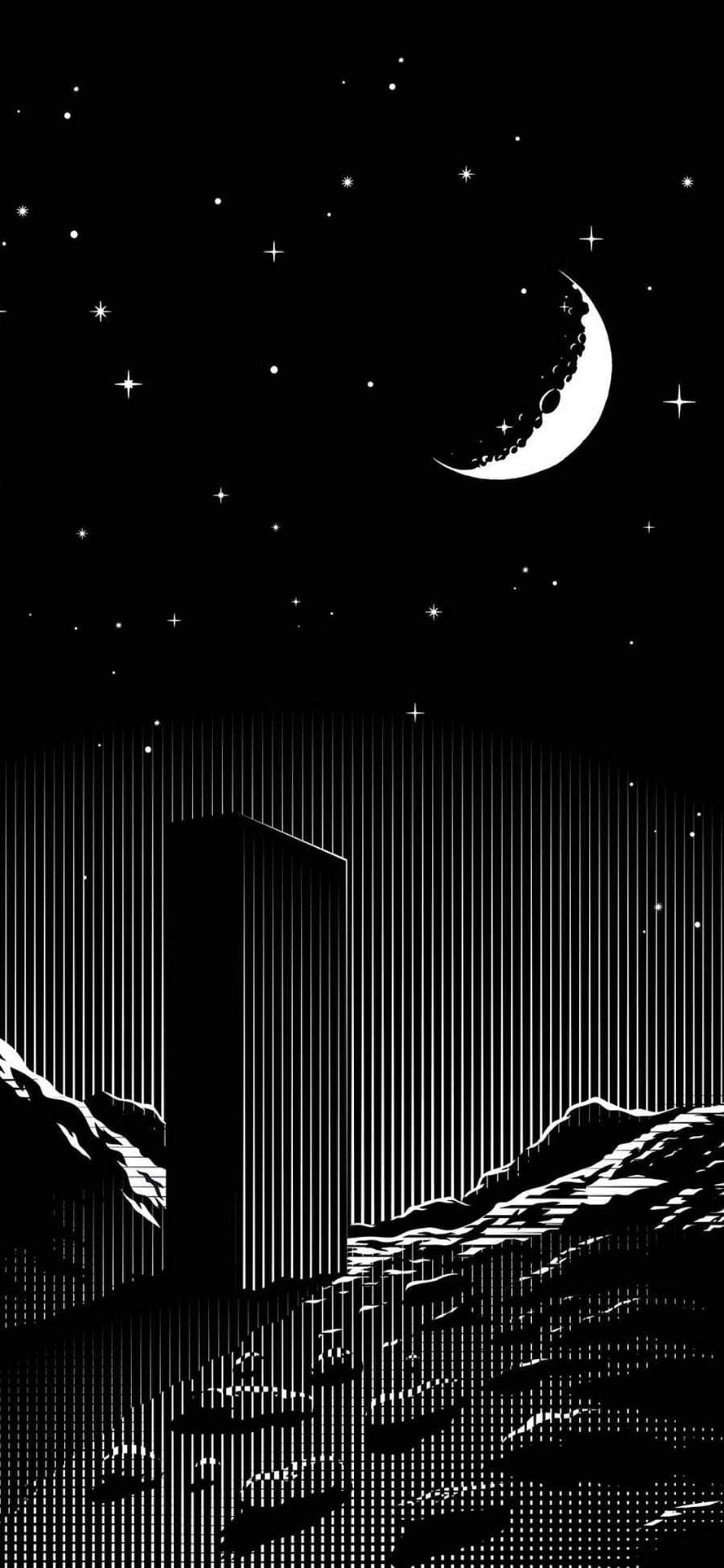 Monochrome Night Sky with Crescent Moon and Minimalist Tower Silhouette HD phone wallpaper