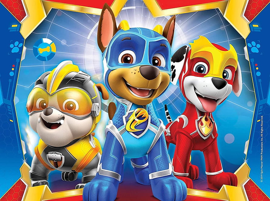 Paw Patrol Mighty Pups Action Heroes in Blue, Red, and Yellow Suits HD wallpaper