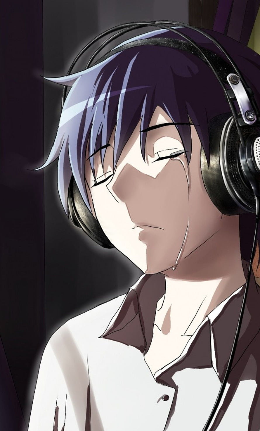 Anime Boy With Headphones And Closed Eyes In Dramatic Lighting HD phone wallpaper