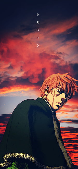 Thorfinn from Vinland Saga in a dark cloak against a fiery red sunset sky HD phone wallpaper