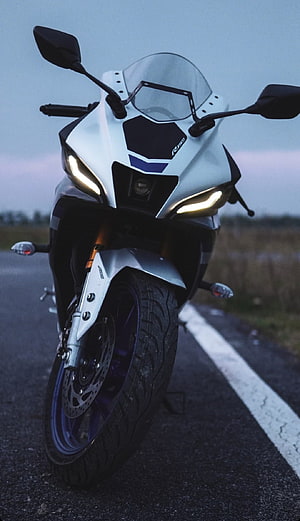 Yamaha YZF-R15 Sportbike Front View on a Country Road at Dusk HD phone wallpaper