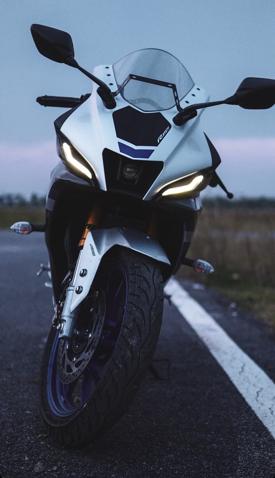 Yamaha YZF-R15 Sportbike Front View on a Country Road at Dusk HD phone wallpaper
