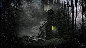 Eerie Stone Cabin with Glowing Window in Rainy Forest at Night HD wallpaper