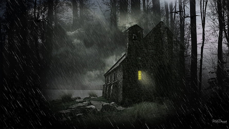 Eerie Stone Cabin with Glowing Window in Rainy Forest at Night HD wallpaper
