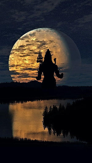 Mahakal Silhouette Against a Golden Full Moon Over a Serene Lake at Night HD phone wallpaper