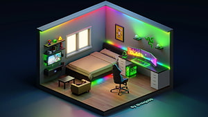 Isometric 3D Gaming Bedroom with RGB LED Lighting and Triple Monitor Setup HD wallpaper
