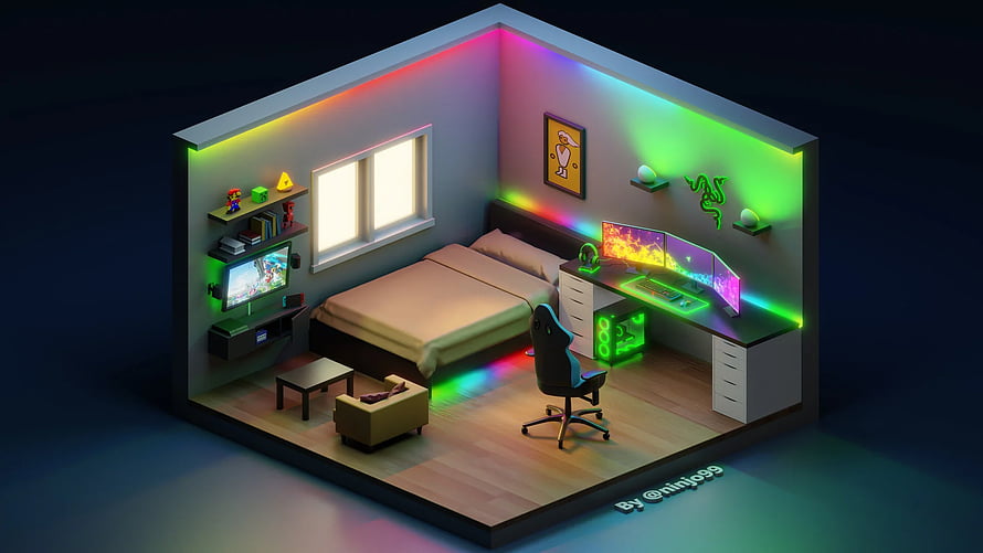 Isometric 3D Gaming Bedroom with RGB LED Lighting and Triple Monitor Setup HD wallpaper