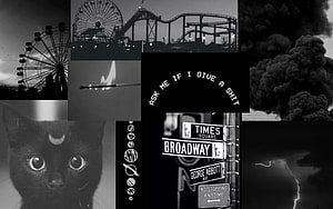 Dark Aesthetic Collage Featuring Times Square, Ferris Wheel, and Black Cat HD wallpaper