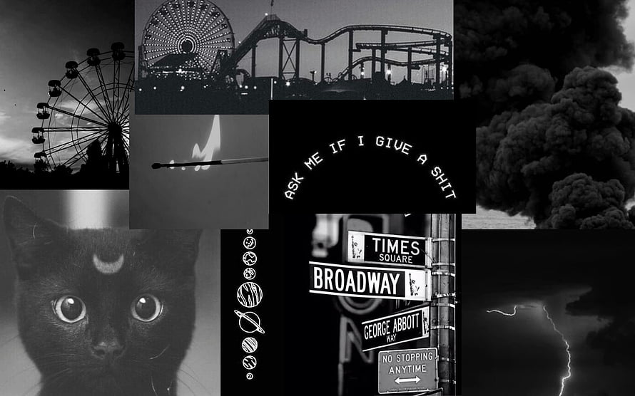 Dark Aesthetic Collage Featuring Times Square, Ferris Wheel, and Black Cat HD wallpaper