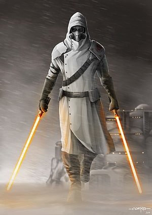 Gray Jedi Concept Art: Hooded Warrior Wielding Dual Orange Lightsabers in a Stormy Battlefield HD phone wallpaper