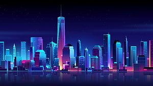 New York City Skyline at Night with Neon Lights and Water Reflection HD wallpaper