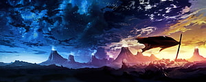Epic Fantasy Volcanic Landscape with Tattered Flag at Dusk HD wallpaper