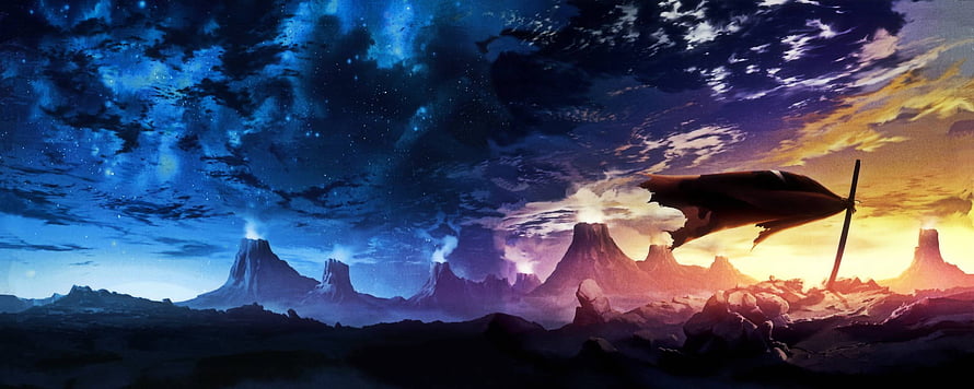 Epic Fantasy Volcanic Landscape with Tattered Flag at Dusk HD wallpaper