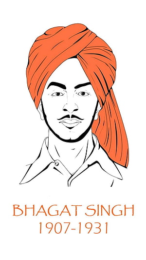Bhagat Singh Portrait Illustration with Orange Turban and Mustache HD phone wallpaper