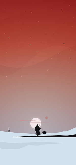 Star Wars Minimalist Silhouette of a Lone Wanderer in a Snowy Desert at Sunset HD phone wallpaper