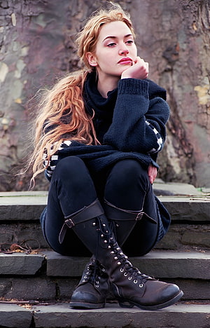 Kate Winslet in Dark Knitwear and Combat Boots on Stone Steps HD phone wallpaper