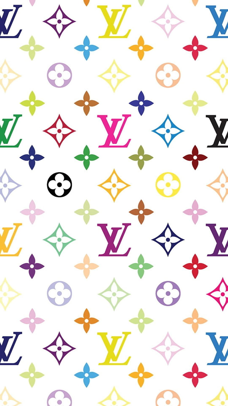 Colorful Louis Vuitton Monogram Pattern with Multicolored LV Logos and Floral Motifs on White Background HD phone wallpaper