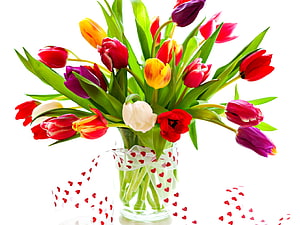 Vibrant Spring Tulip Bouquet in Glass Vase with Heart Ribbon HD wallpaper