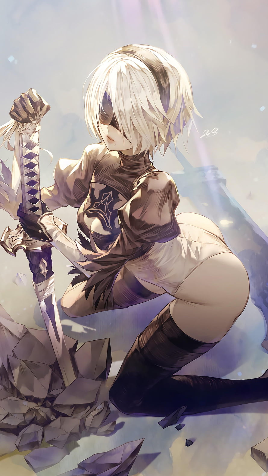 2B from NieR: Automata kneeling with sword in ethereal light HD phone wallpaper