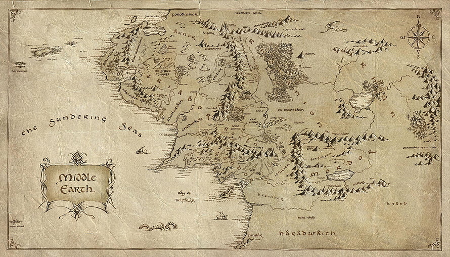 Vintage Middle Earth Fantasy Map with Detailed Geography and Ornate Border HD wallpaper