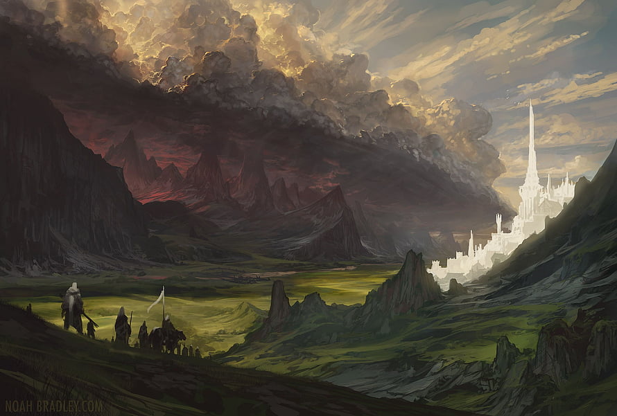 Epic Fantasy Landscape with White Castle and Dark Mountains in Middle Earth HD wallpaper