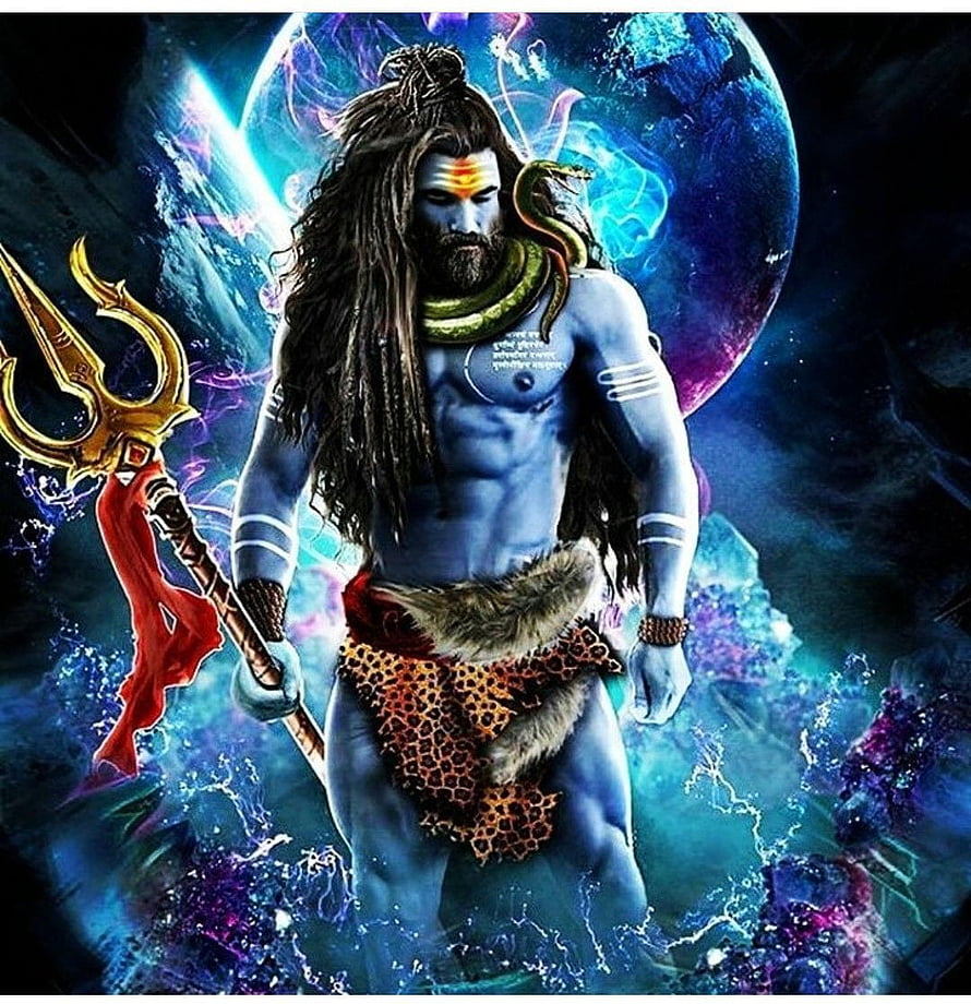Lord Shiva Digital Art with Trishul and Cosmic Nebula Background HD phone wallpaper
