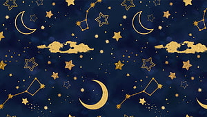 Gold Constellations and Crescent Moons on Deep Blue Night Sky Pattern HD wallpaper