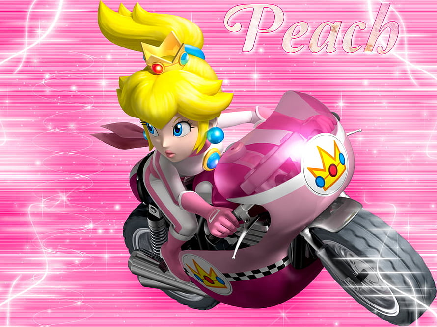 Peach Riding a Pink Motorcycle in Mario Kart Wii Style HD wallpaper