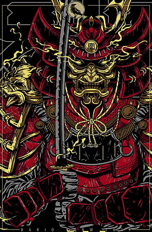 Red and Gold Samurai Armor Illustration with Katana and Lion Ornament HD phone wallpaper