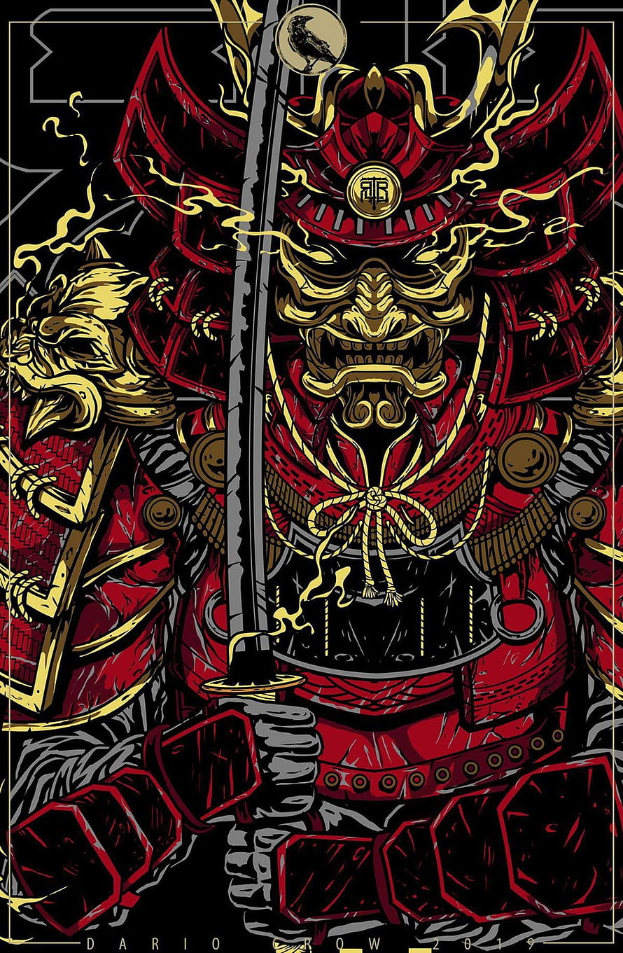 Red and Gold Samurai Armor Illustration with Katana and Lion Ornament HD phone wallpaper