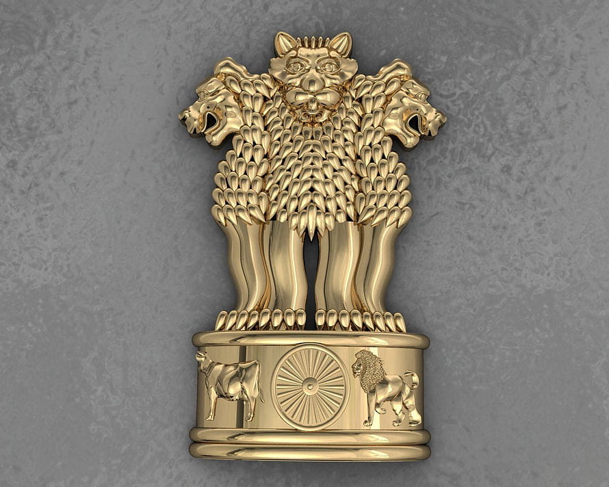 Golden Ashoka Pillar Capital with Lion Capital and Dharma Wheel Emblem HD wallpaper