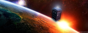 Doctor Who TARDIS Floating Above Alien Planet in Deep Space HD wallpaper