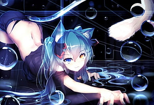 Blue-haired anime cat girl with heterochromia lying among glowing water bubbles and digital light trails HD wallpaper
