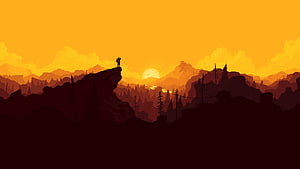 Lone Hiker Silhouette on Rocky Cliff at Golden Sunset with Distant Mountains HD wallpaper