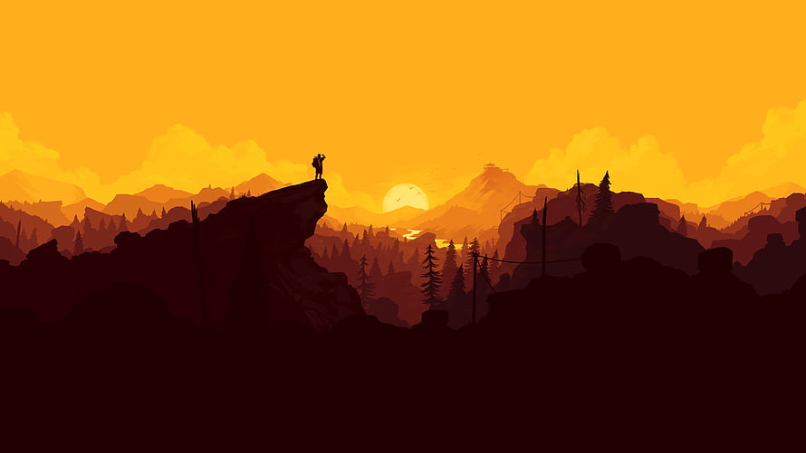 Lone Hiker Silhouette on Rocky Cliff at Golden Sunset with Distant Mountains HD wallpaper
