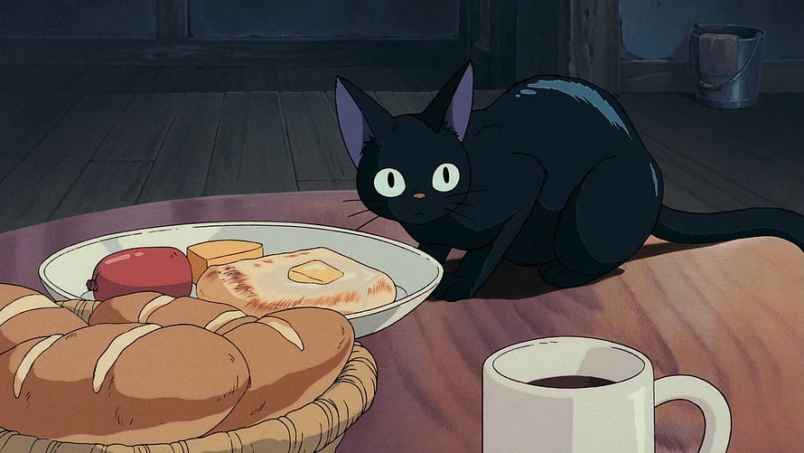 Jiji the Black Cat from Kiki's Delivery Service Peeking at a Breakfast Table HD wallpaper