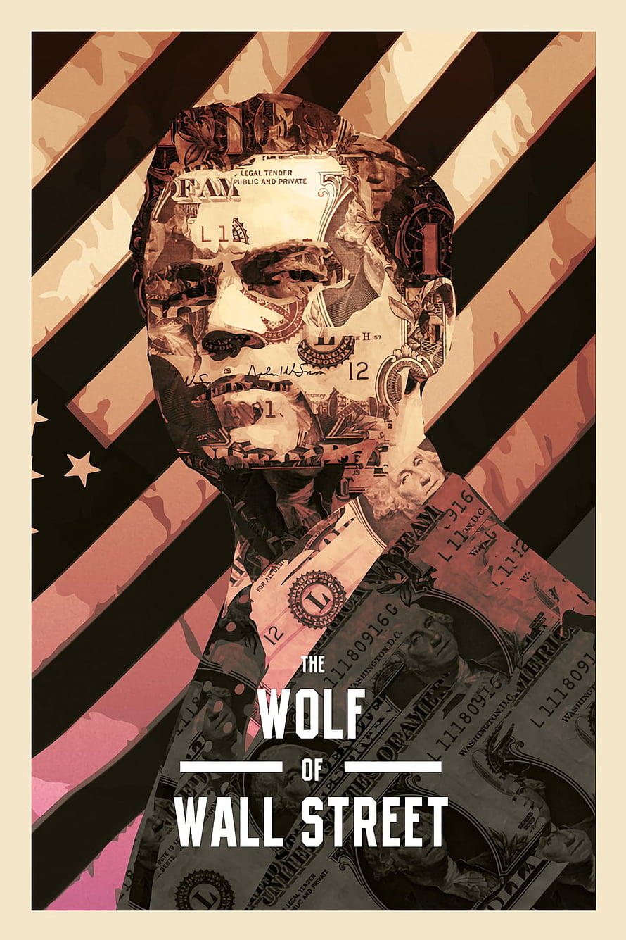 The Wolf of Wall Street Movie Poster with Dollar Bill Collage and American Flag Background HD phone wallpaper