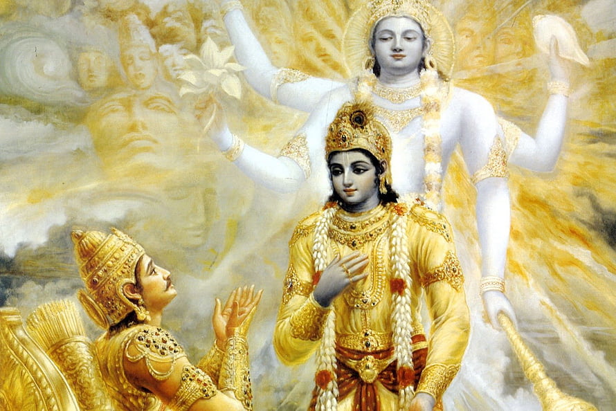 Krishna and Arjuna Divine Encounter in the Mahabharata Epic HD wallpaper