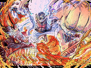 One Piece Kaido and Luffy Gear 5 Dragon Form Anime Battle Illustration HD wallpaper