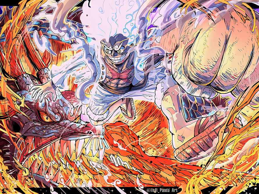 One Piece Kaido and Luffy Gear 5 Dragon Form Anime Battle Illustration HD wallpaper