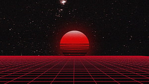 Dark Vaporwave Sunset Over Red Grid Horizon in Starry Night Sky HD wallpaper