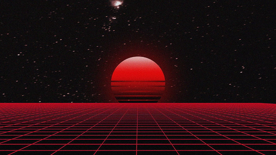 Dark Vaporwave Sunset Over Red Grid Horizon in Starry Night Sky HD wallpaper