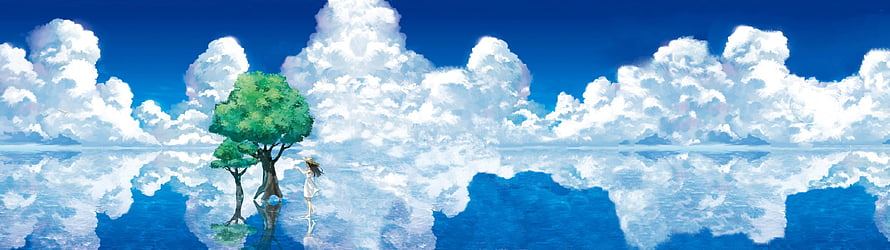 Surreal Anime Landscape With Girl, Lush Trees, and Reflective Water Under a Cloudy Sky HD wallpaper