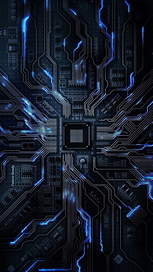 Glowing Blue Circuit Board with Central Processor Chip on Dark Background HD phone wallpaper