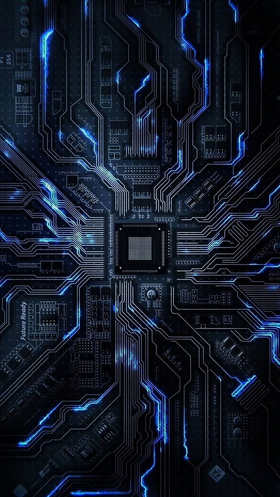 Glowing Blue Circuit Board with Central Processor Chip on Dark Background HD phone wallpaper