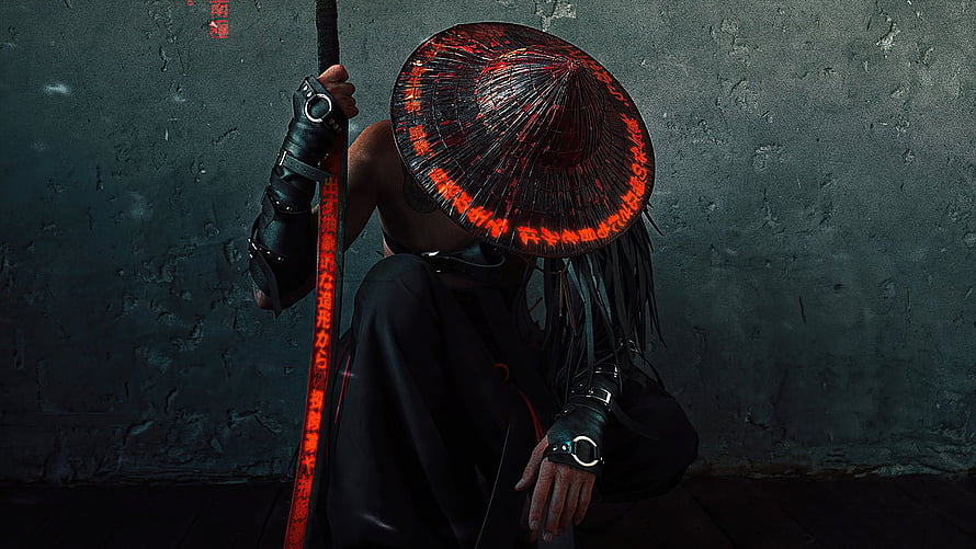 Dark Samurai Warrior Crouching with Glowing Red Hat and Staff HD wallpaper