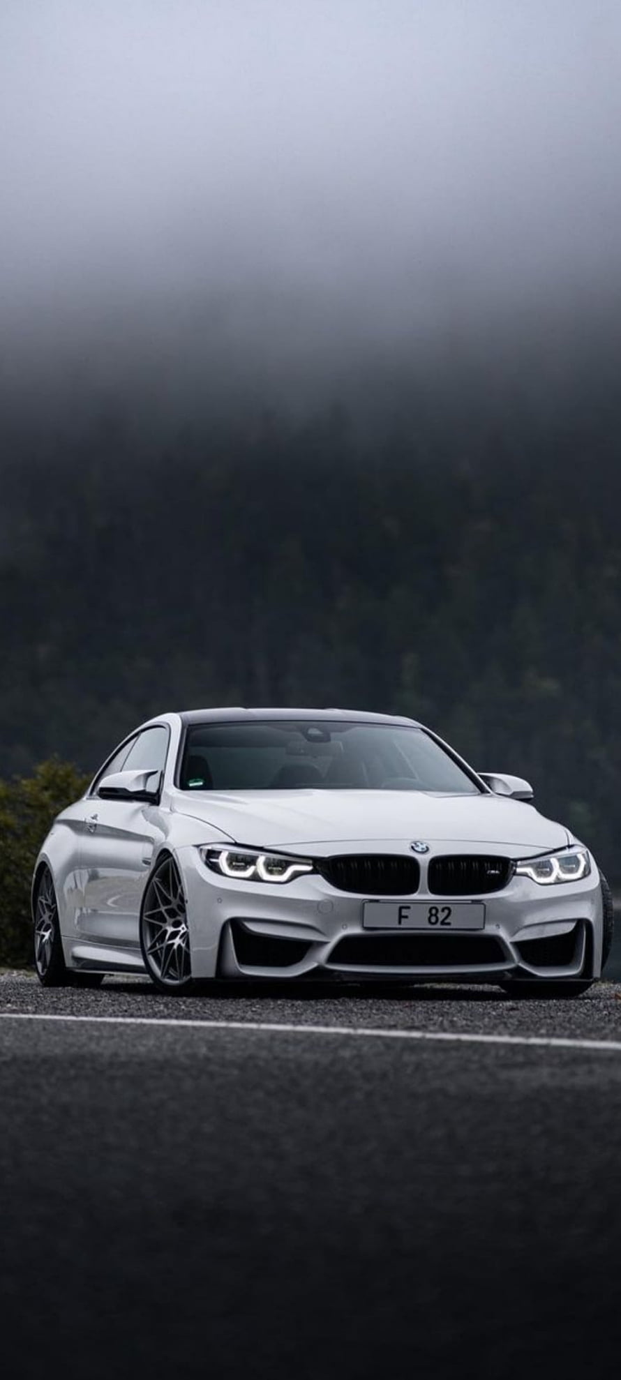 Silver BMW M4 F82 Coupe Parked on a Misty Mountain Road HD phone wallpaper