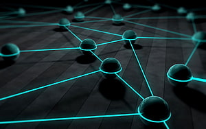 Abstract 3D Network of Glowing Cyan Nodes and Connecting Lines on Dark Surface HD wallpaper