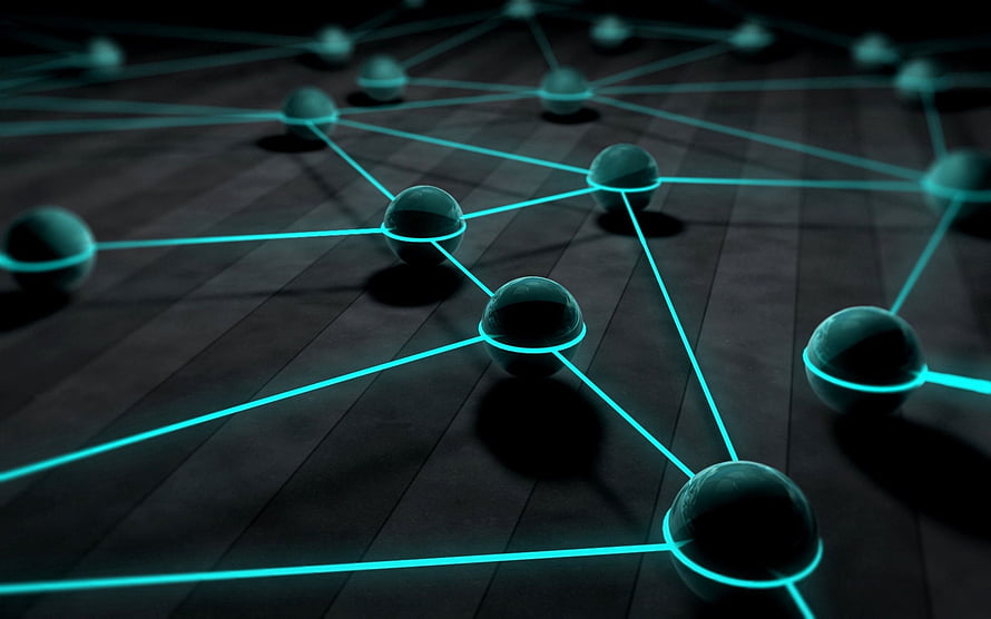 Abstract 3D Network of Glowing Cyan Nodes and Connecting Lines on Dark Surface HD wallpaper